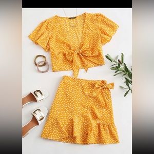 Floral Tie front top and wrap ruffle hem skirt set